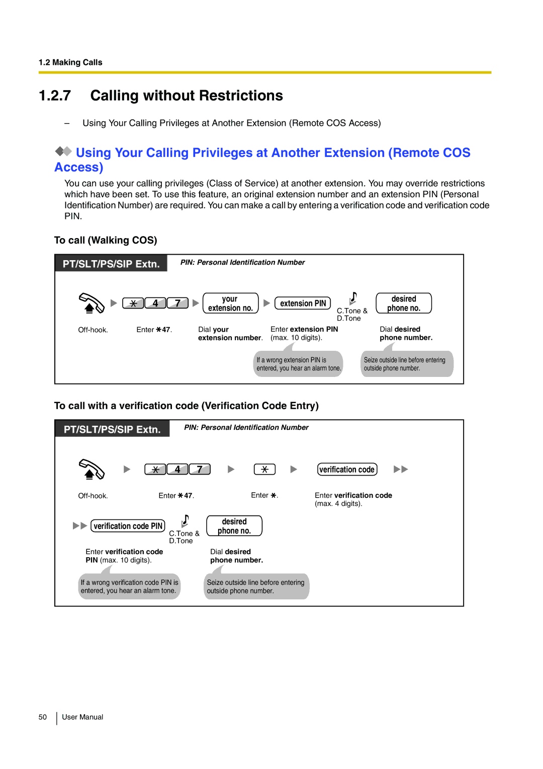 Panasonic KX-TDE100, KX-TDE200 Calling without Restrictions, To call Walking COS, Extension PIN, Verification code 