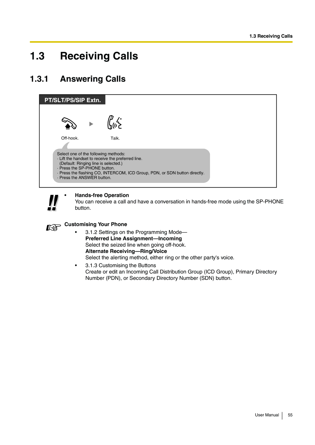 Panasonic KX-TDE200, KX-TDE100 user manual Receiving Calls, Answering Calls 