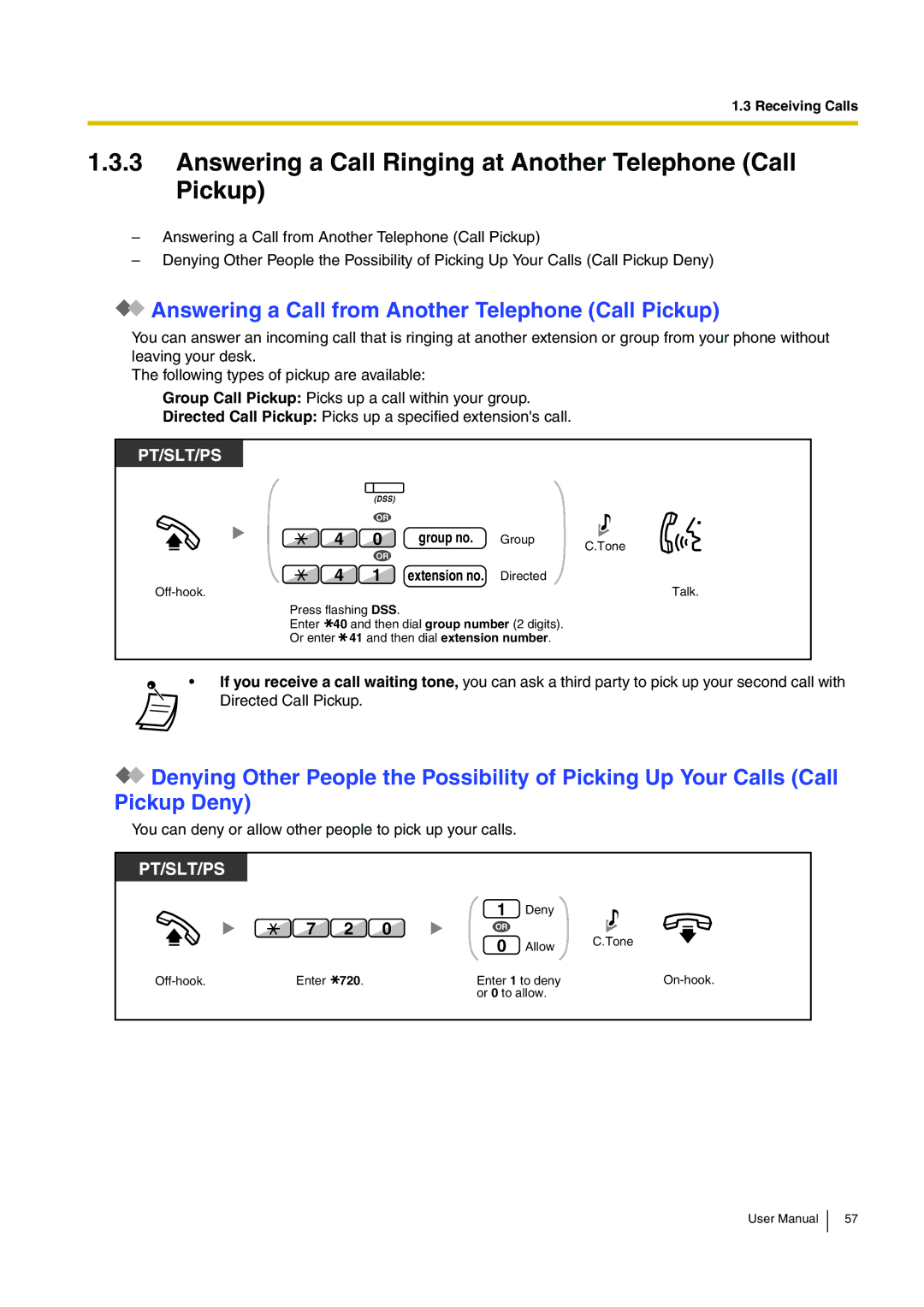 Panasonic KX-TDE200, KX-TDE100 user manual Answering a Call Ringing at Another Telephone Call Pickup, 720 