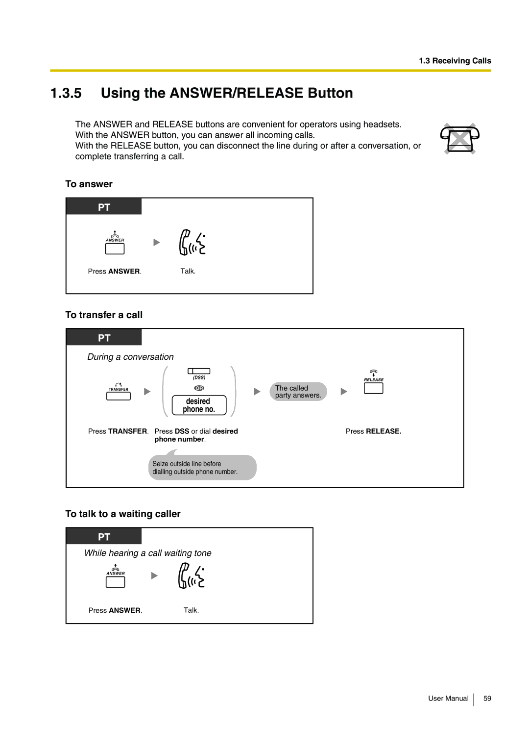 Panasonic KX-TDE200, KX-TDE100 Using the ANSWER/RELEASE Button, To answer, To transfer a call, To talk to a waiting caller 