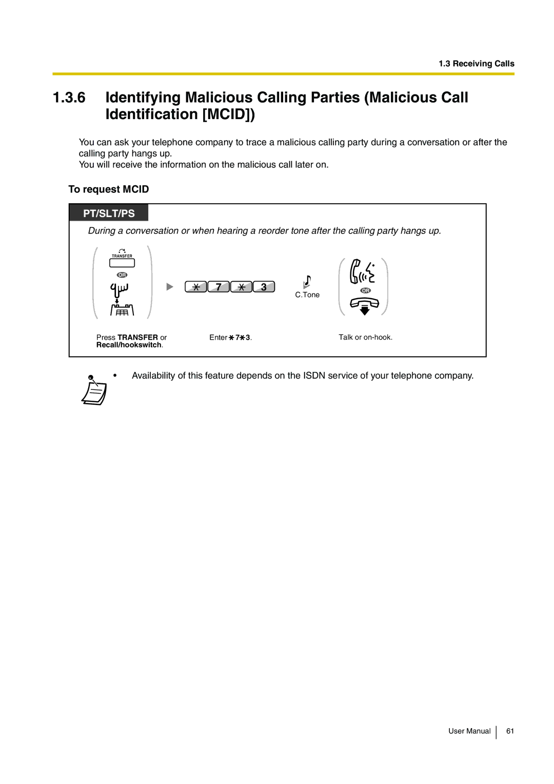 Panasonic KX-TDE200, KX-TDE100 user manual To request Mcid, Press Transfer or, Recall/hookswitch 