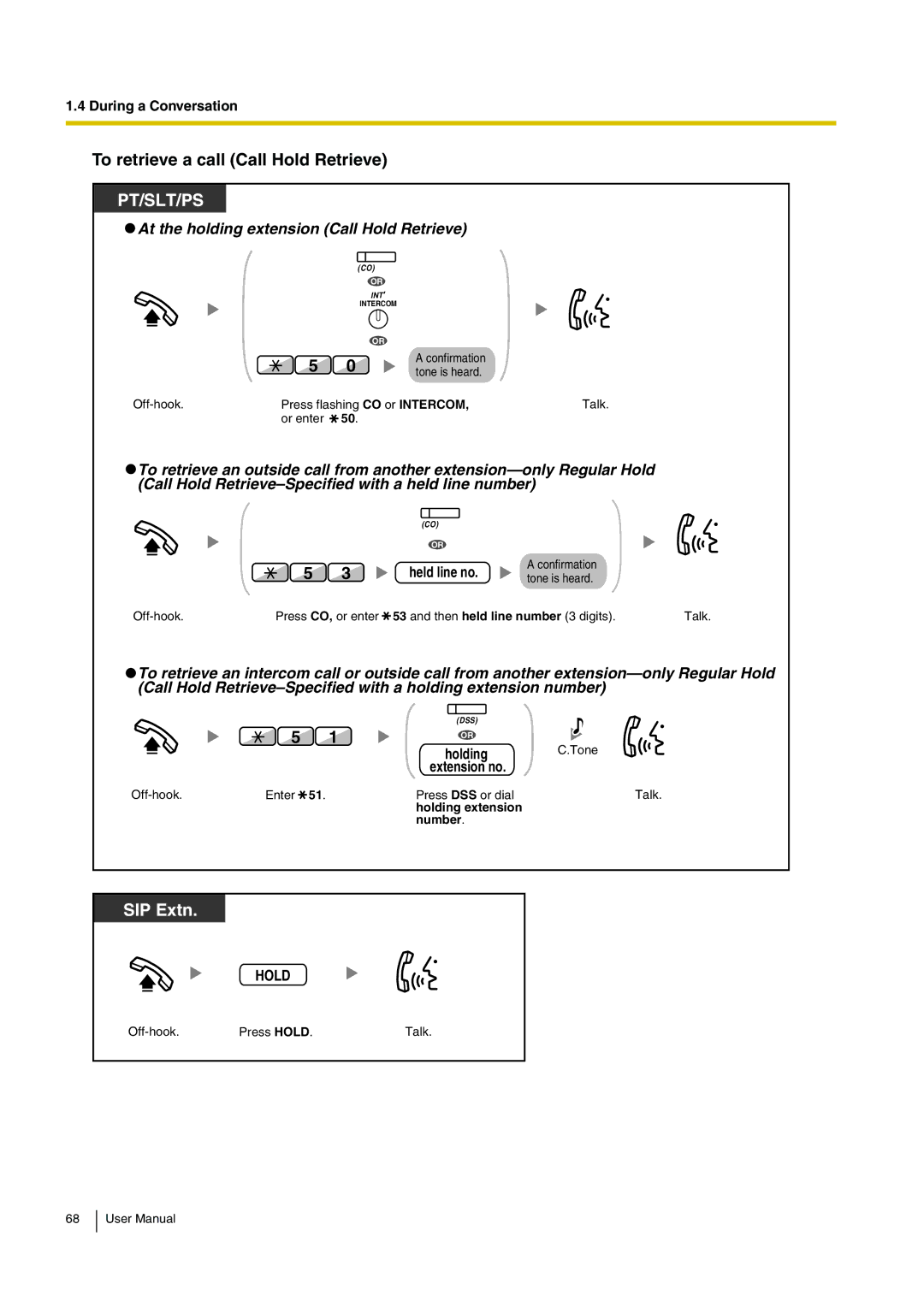 Panasonic KX-TDE100, KX-TDE200 To retrieve a call Call Hold Retrieve, Held line no, Then held line number 3 digits 