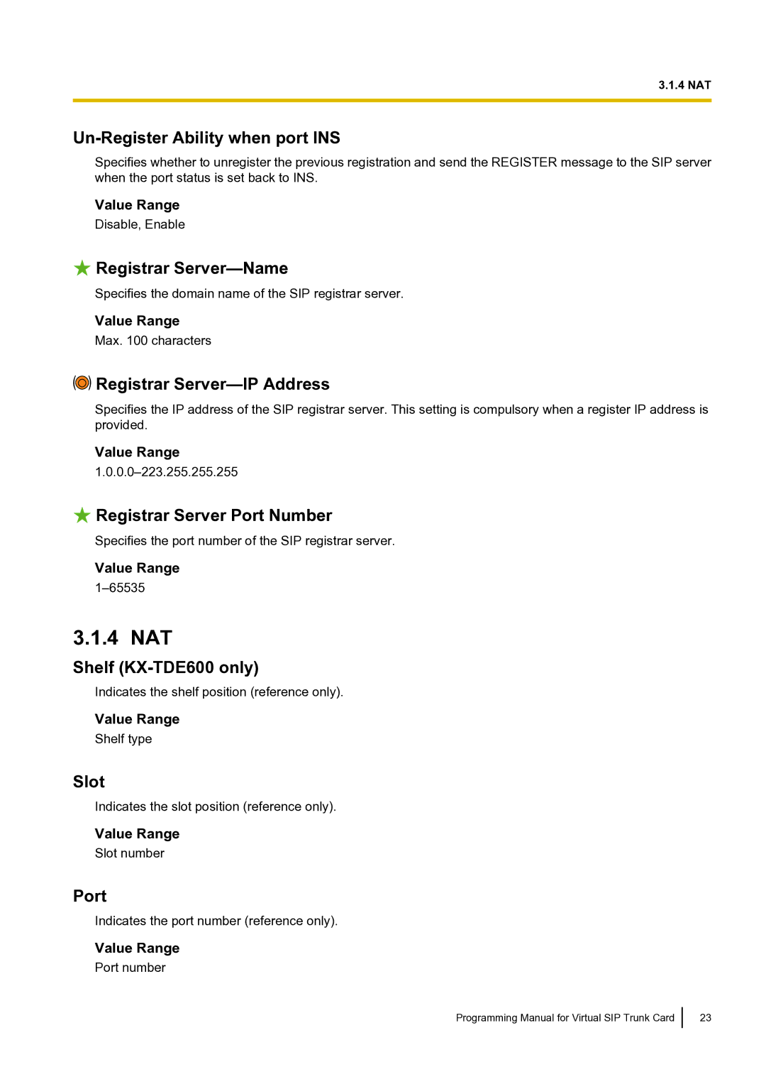 Panasonic KX-TDE100 manual 4 NAT, Un-Register Ability when port INS, Registrar Server-Name, Registrar Server-IP Address 