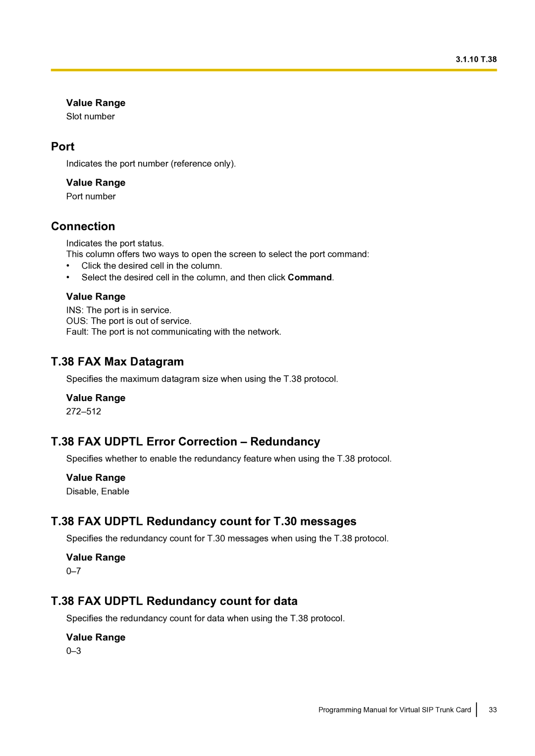 Panasonic KX-TDE100 FAX Max Datagram, FAX Udptl Error Correction Redundancy, FAX Udptl Redundancy count for T.30 messages 