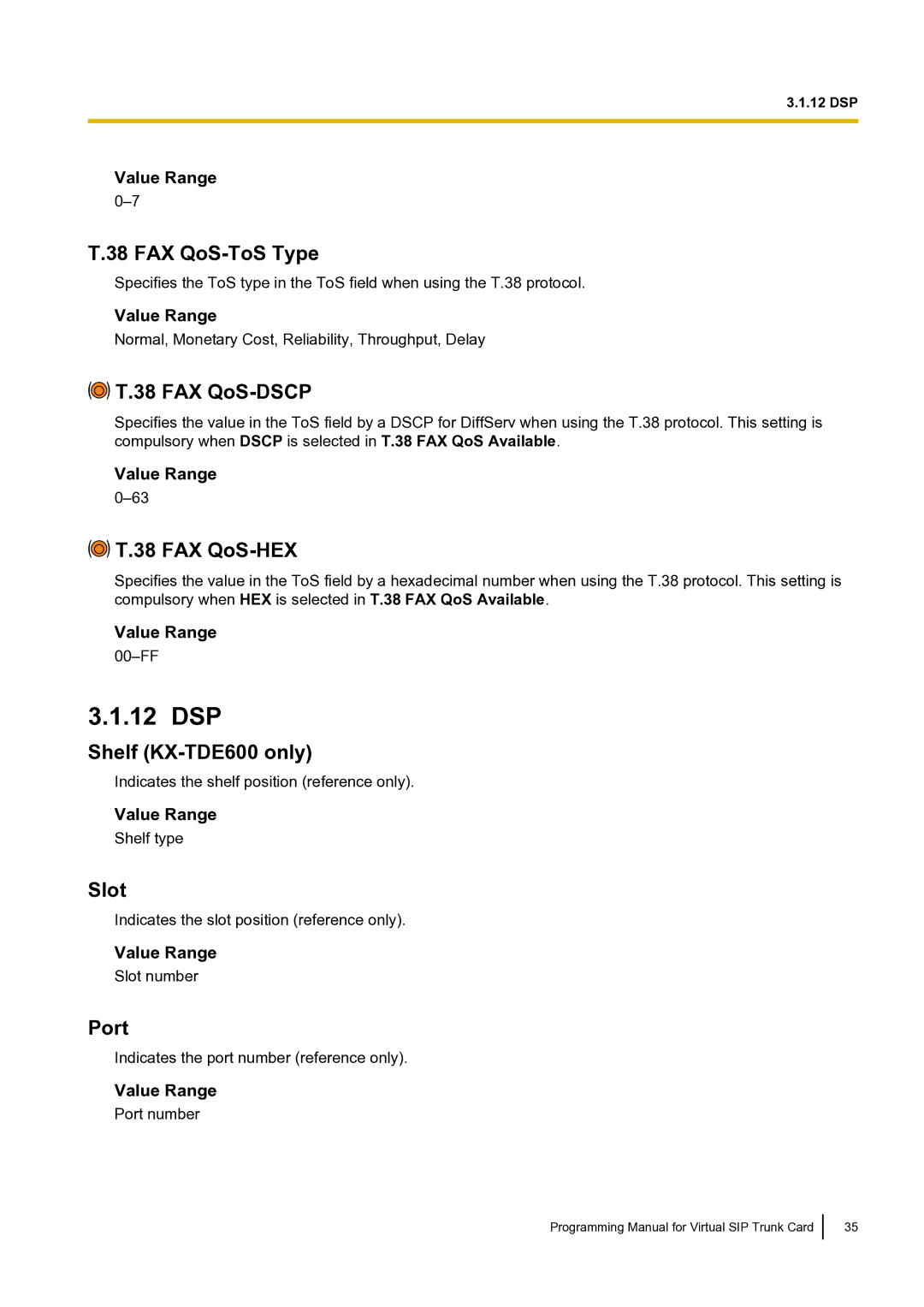 Panasonic KX-TDE100 manual 12 DSP, FAX QoS-ToS Type, FAX QoS-DSCP, FAX QoS-HEX 