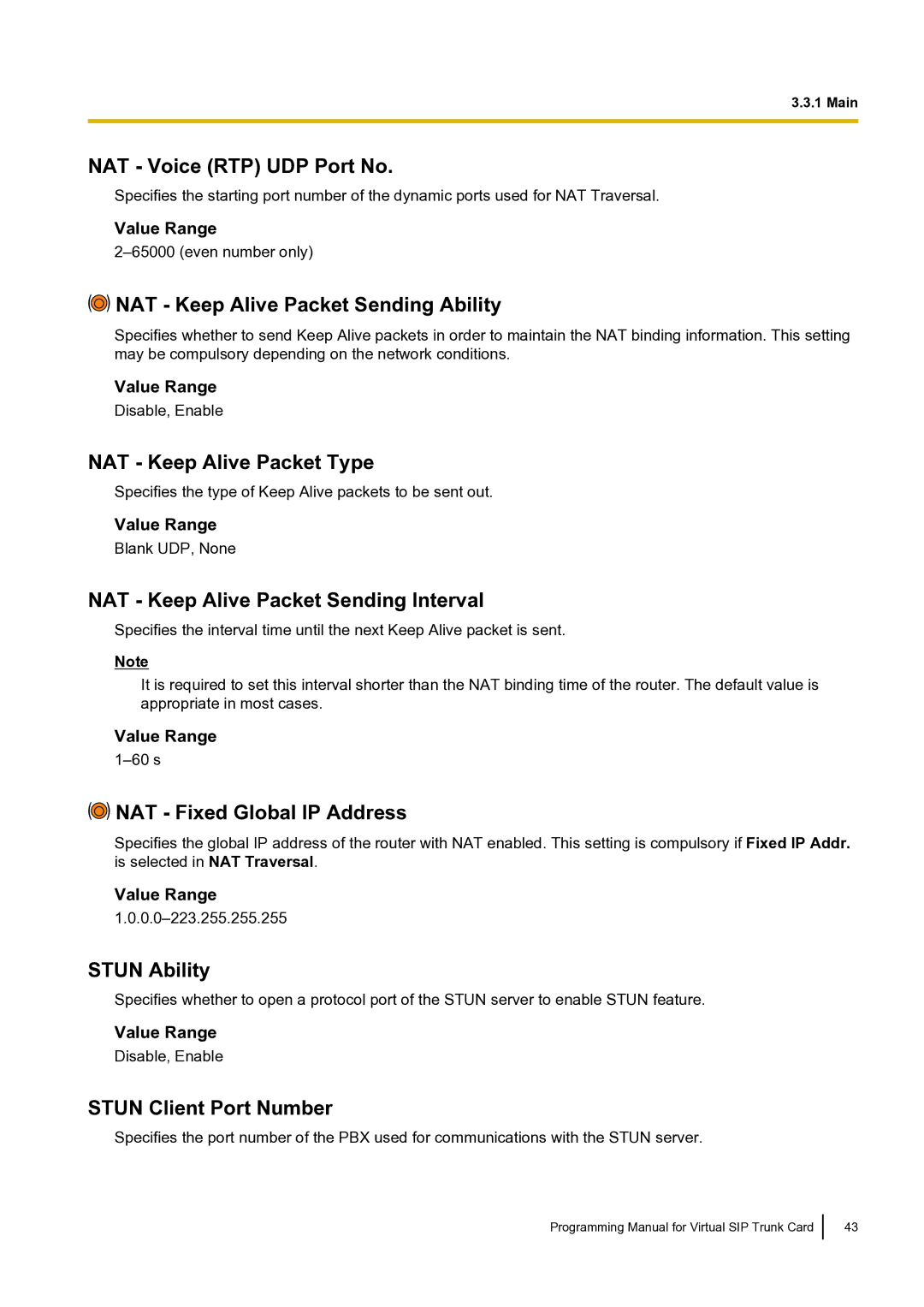 Panasonic KX-TDE100 manual NAT Voice RTP UDP Port No, NAT Keep Alive Packet Sending Ability, NAT Keep Alive Packet Type 