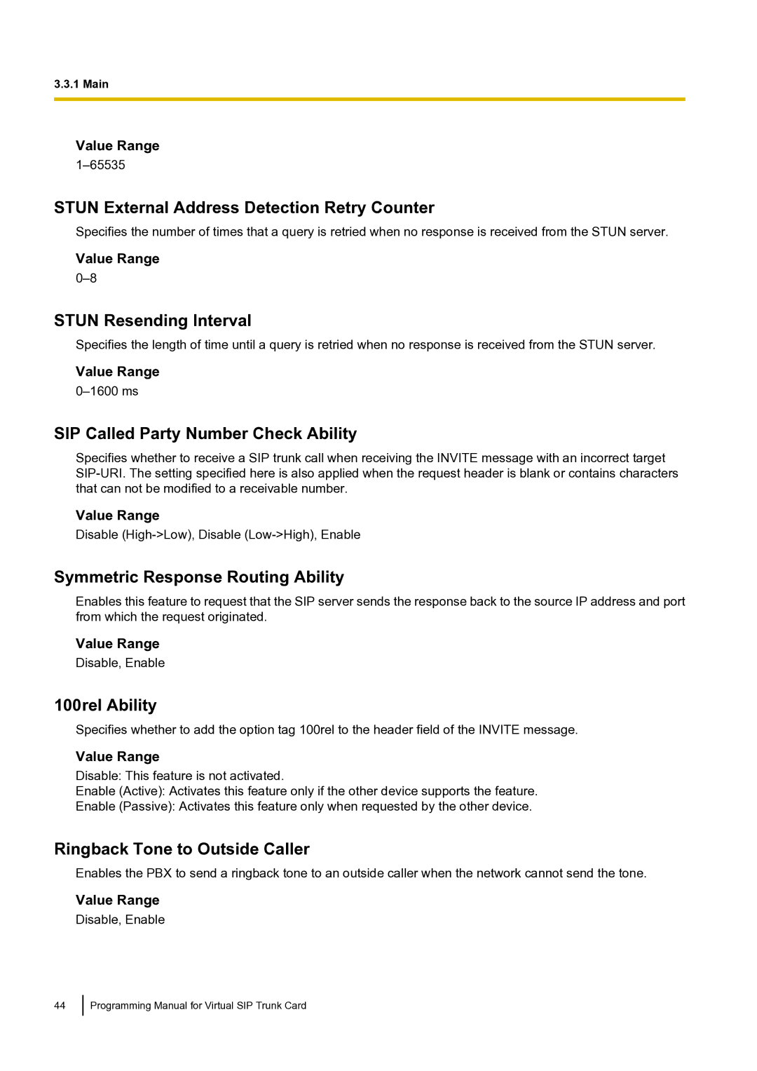 Panasonic KX-TDE100 manual Stun External Address Detection Retry Counter, Stun Resending Interval, 100rel Ability 