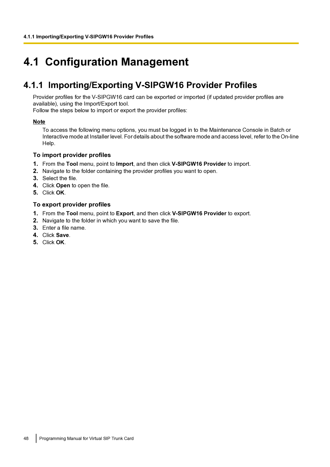 Panasonic KX-TDE100 Configuration Management, Importing/Exporting V-SIPGW16 Provider Profiles, To import provider profiles 