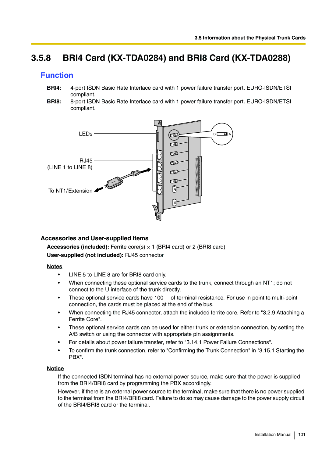 Panasonic KX-TDE100 installation manual 8 BRI4 Card KX-TDA0284 and BRI8 Card KX-TDA0288, Function 