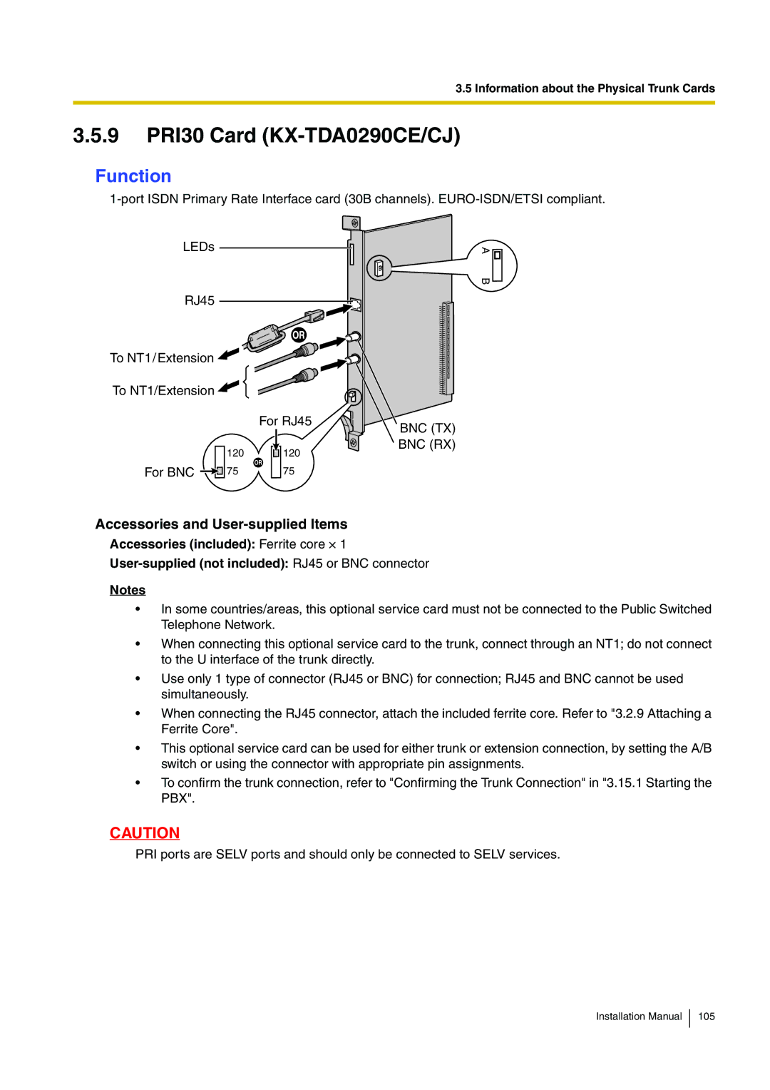 Panasonic KX-TDE100 installation manual 9 PRI30 Card KX-TDA0290CE/CJ, Function 