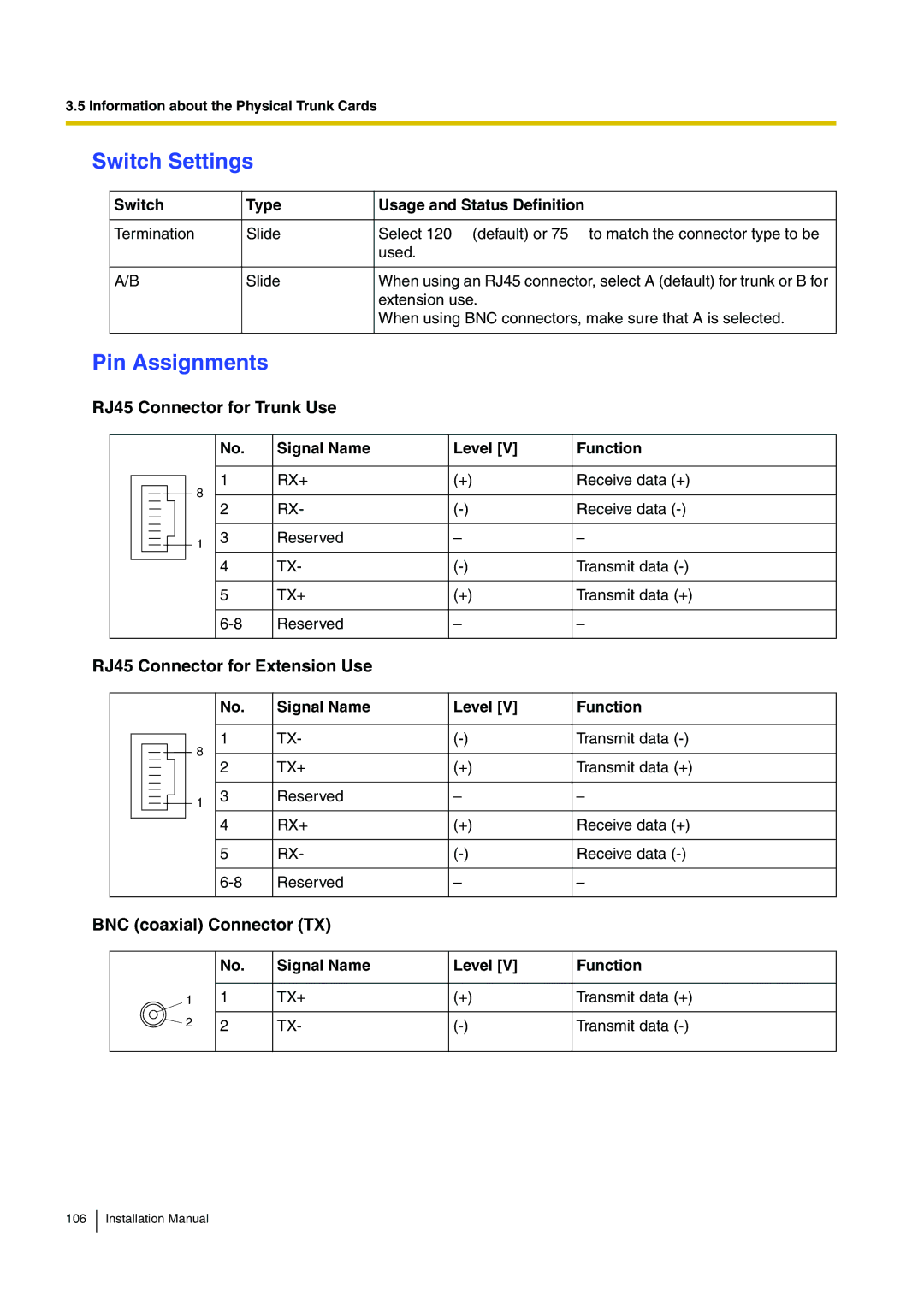 Panasonic KX-TDE100 installation manual Switch Settings 