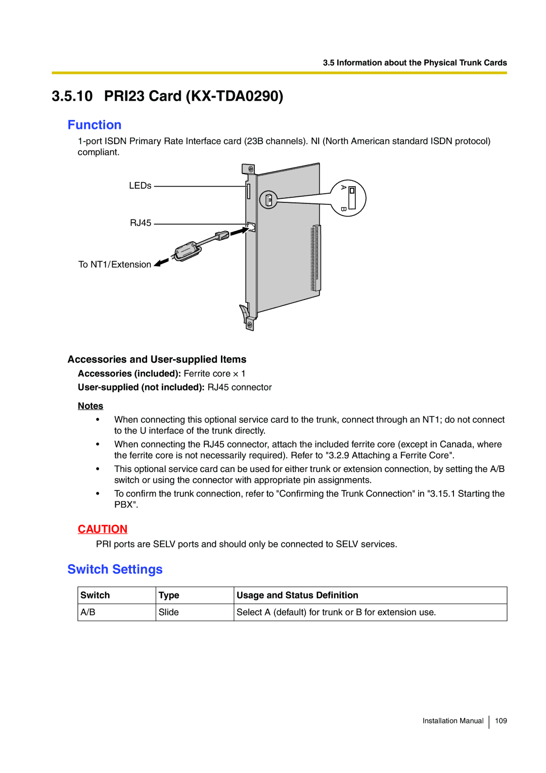 Panasonic KX-TDE100 installation manual 10 PRI23 Card KX-TDA0290, Function 