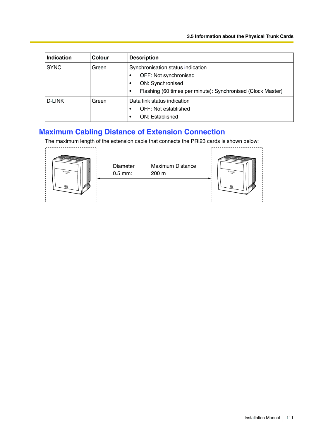 Panasonic KX-TDE100 installation manual Maximum Cabling Distance of Extension Connection 