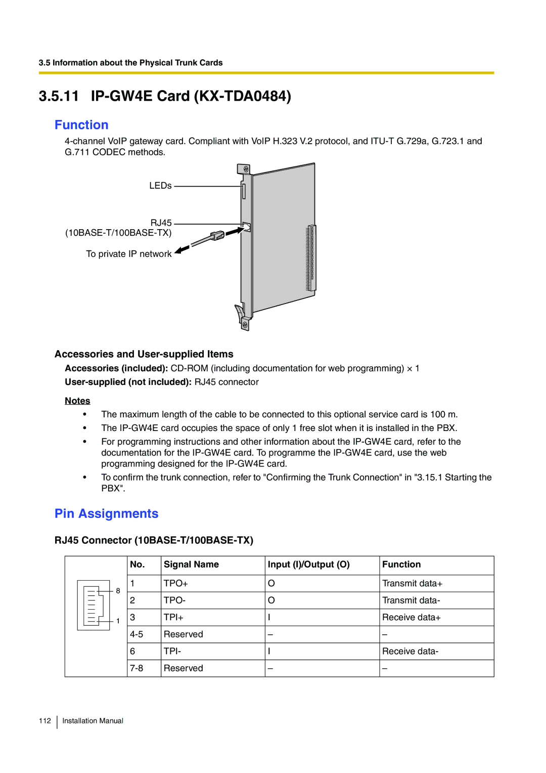 Panasonic KX-TDE100 installation manual IP-GW4E Card KX-TDA0484, RJ45 Connector 10BASE-T/100BASE-TX 