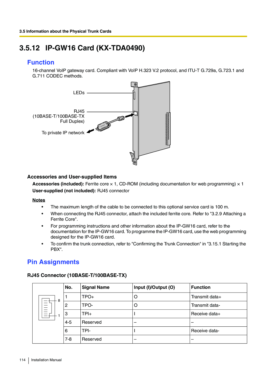 Panasonic KX-TDE100 installation manual IP-GW16 Card KX-TDA0490 