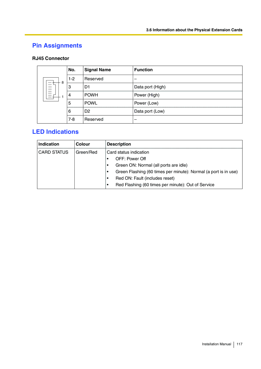 Panasonic KX-TDE100 installation manual RJ45 Connector, Powh, Powl 