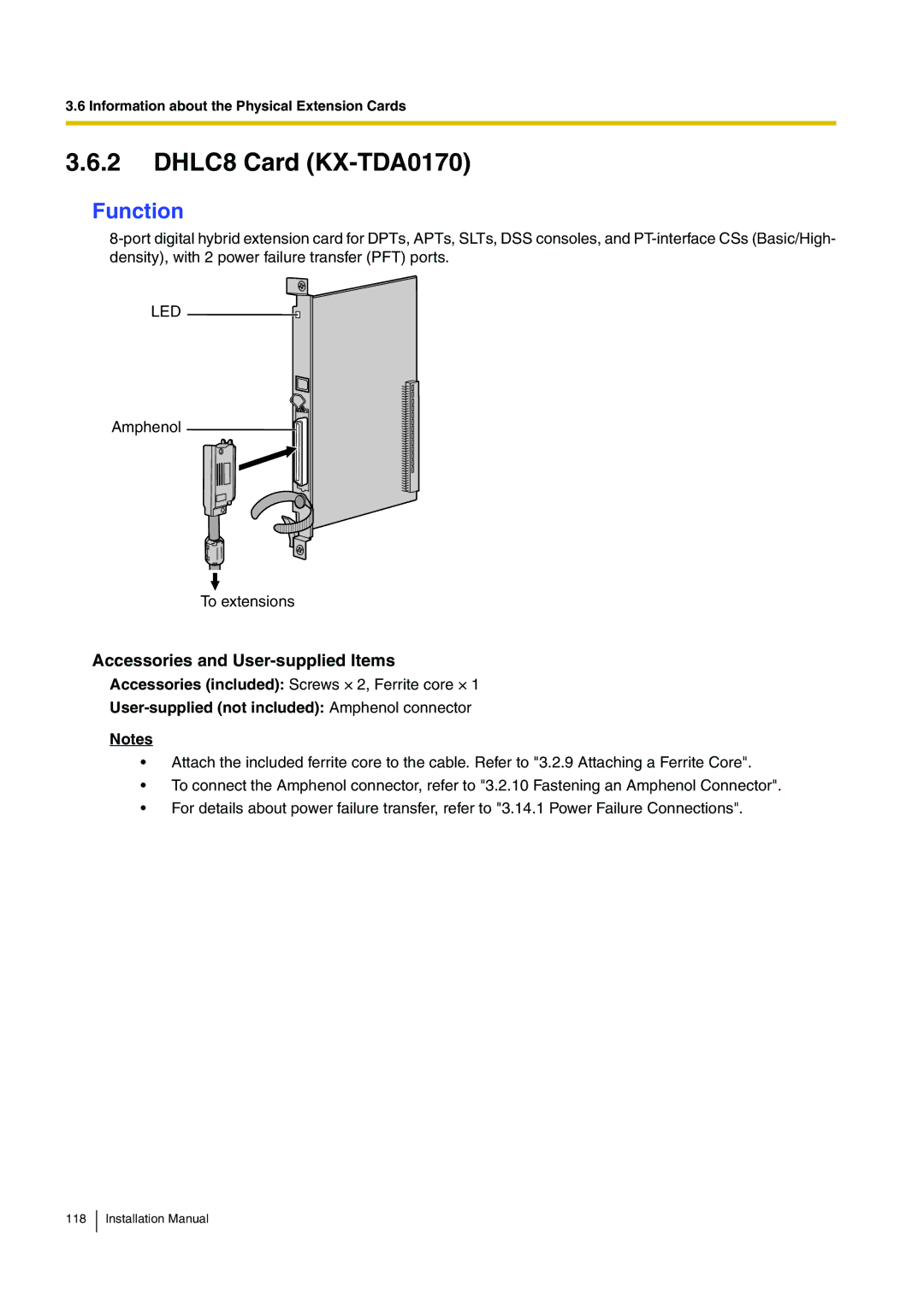 Panasonic KX-TDE100 installation manual DHLC8 Card KX-TDA0170, User-supplied not included Amphenol connector 