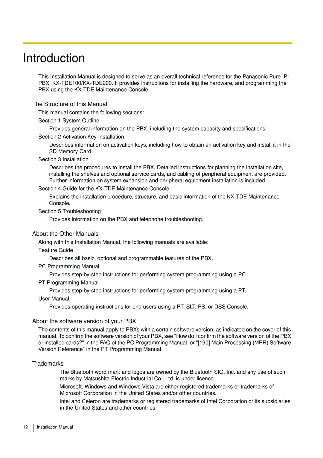 Panasonic KX-TDE100 Structure of this Manual, About the Other Manuals, About the software version of your PBX, Trademarks 