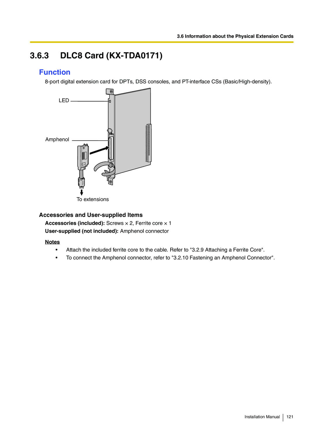 Panasonic KX-TDE100 installation manual 3 DLC8 Card KX-TDA0171, Function 