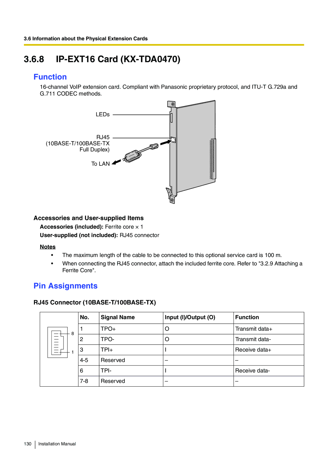 Panasonic KX-TDE100 installation manual IP-EXT16 Card KX-TDA0470, RJ45 Connector 10BASE-T/100BASE-TX 