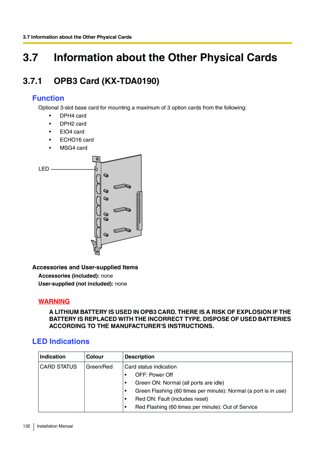 Panasonic KX-TDE100 installation manual Information about the Other Physical Cards, 1 OPB3 Card KX-TDA0190 