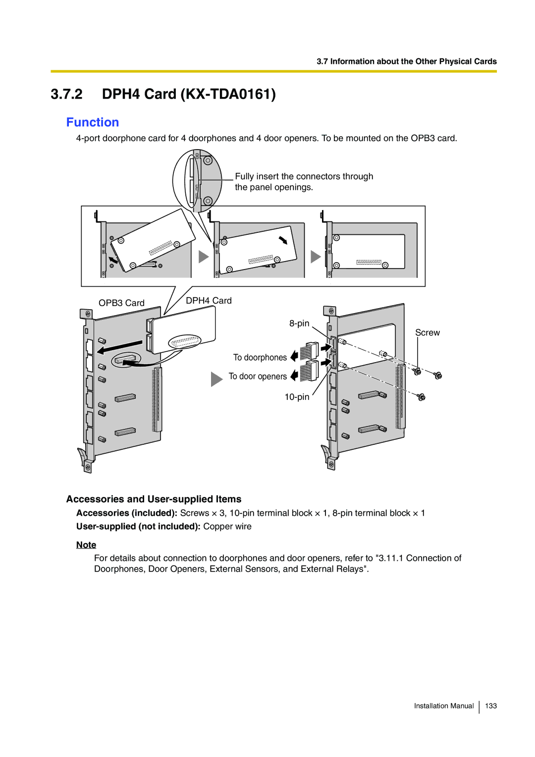 Panasonic KX-TDE100 installation manual 2 DPH4 Card KX-TDA0161, User-supplied not included Copper wire 