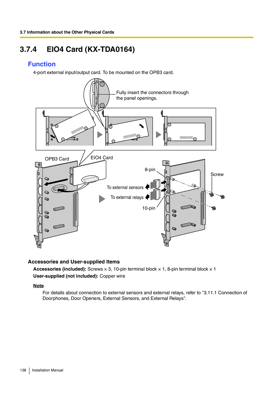 Panasonic KX-TDE100 installation manual 4 EIO4 Card KX-TDA0164, Function 