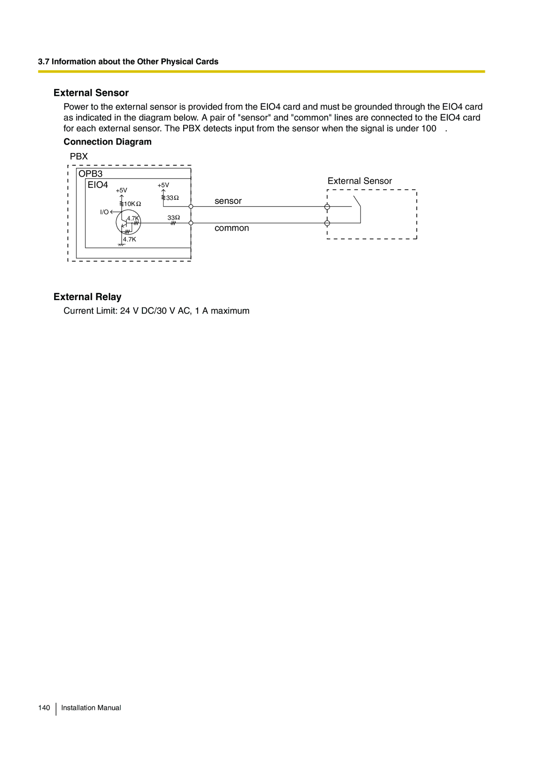 Panasonic KX-TDE100 installation manual External Sensor, External Relay, Connection Diagram, PBX OPB3 