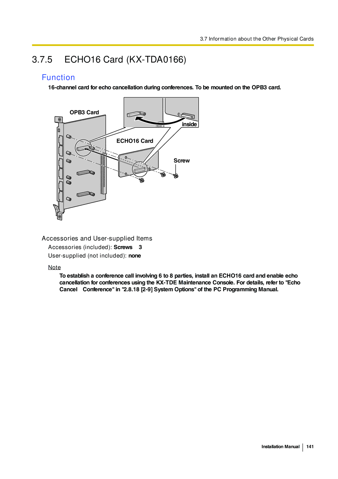 Panasonic KX-TDE100 installation manual ECHO16 Card KX-TDA0166, Function 