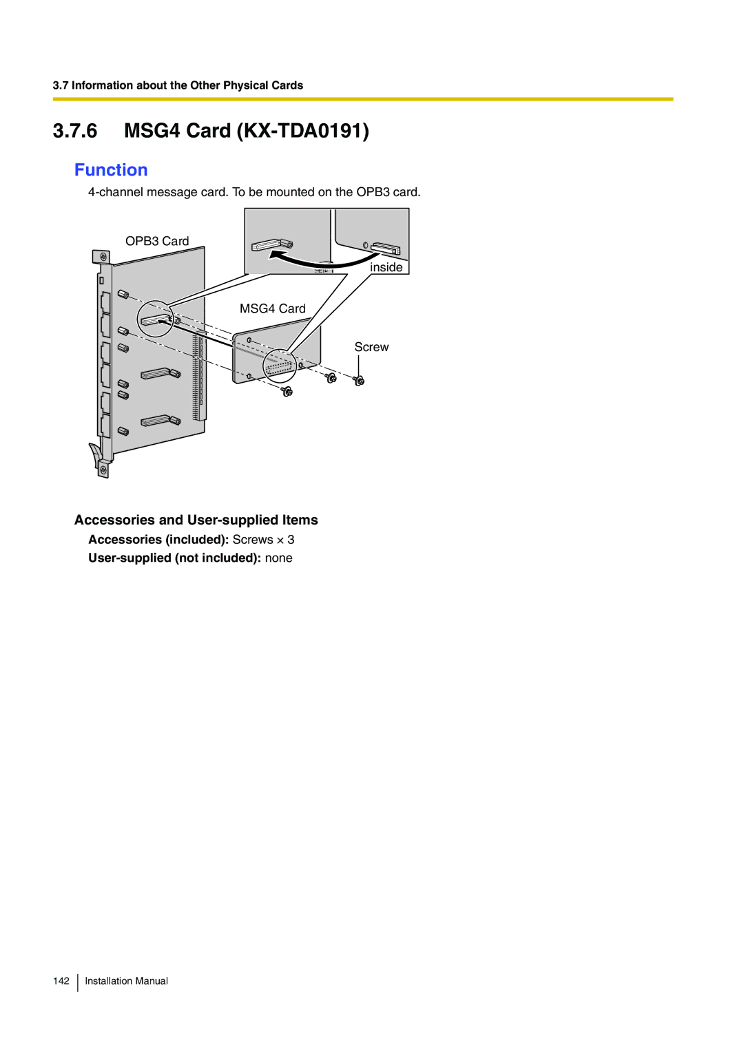 Panasonic KX-TDE100 installation manual 6 MSG4 Card KX-TDA0191 