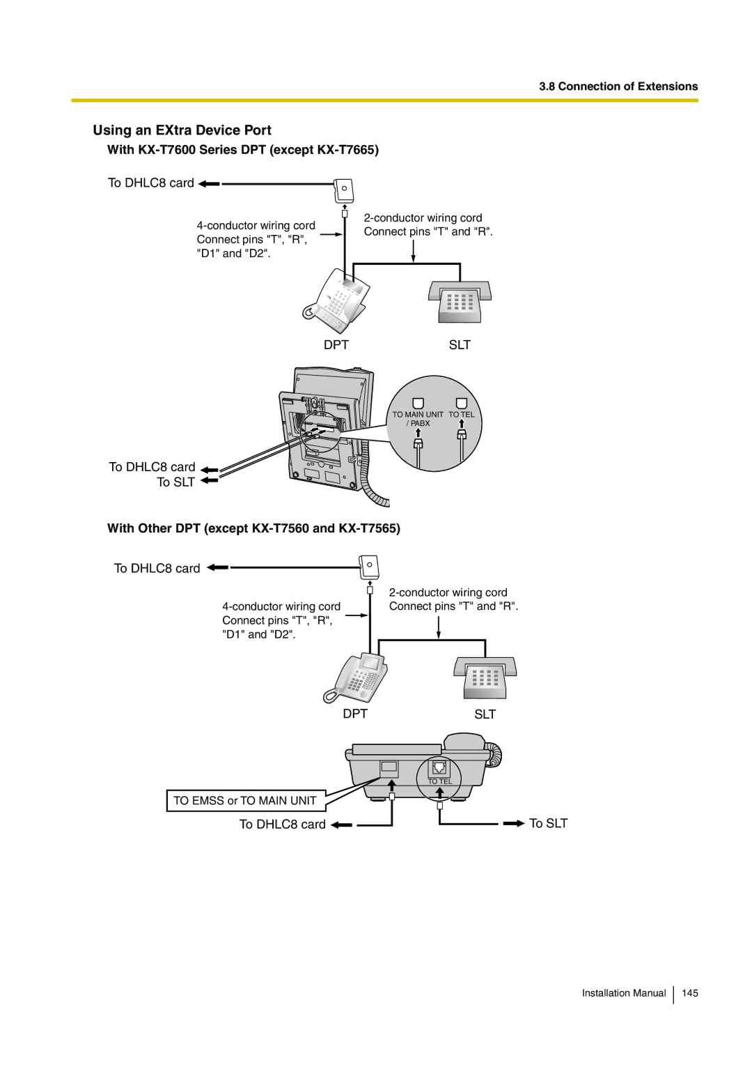 Panasonic KX-TDE100 installation manual Using an EXtra Device Port, With KX-T7600 Series DPT except KX-T7665, Dptslt 