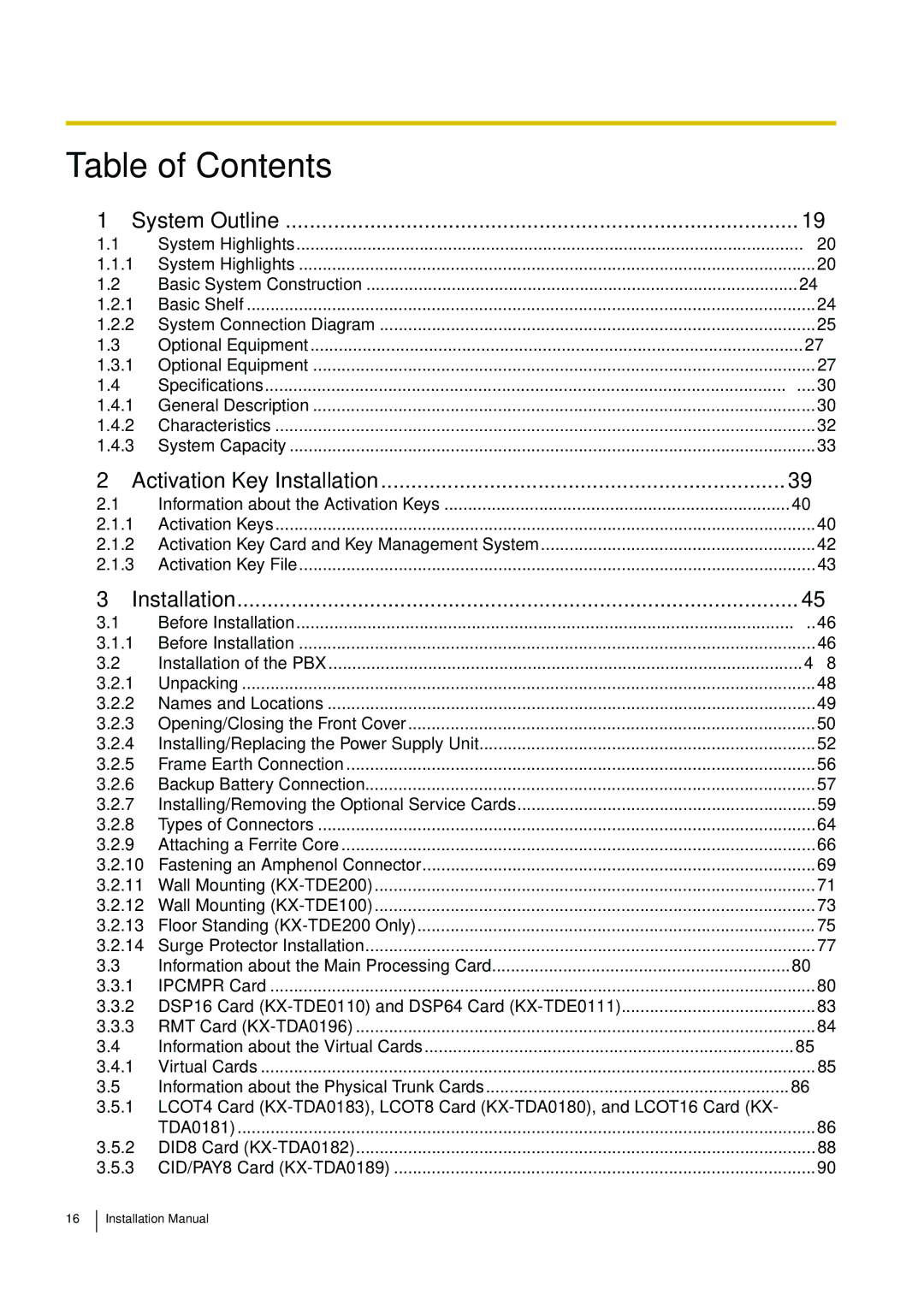 Panasonic KX-TDE100 installation manual Table of Contents 