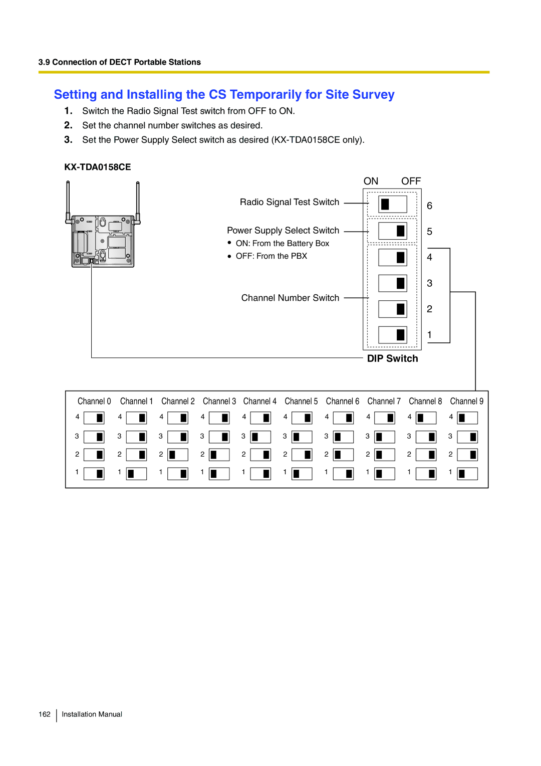 Panasonic KX-TDE100 installation manual Setting and Installing the CS Temporarily for Site Survey, DIP Switch 