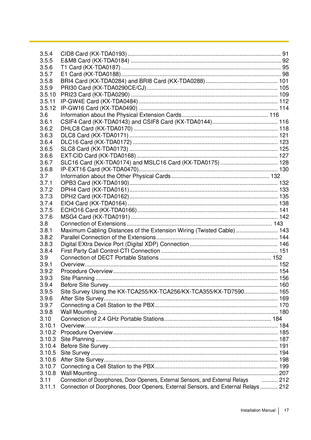 Panasonic KX-TDE100 Information about the Physical Extension Cards 116, Information about the Other Physical Cards 132 