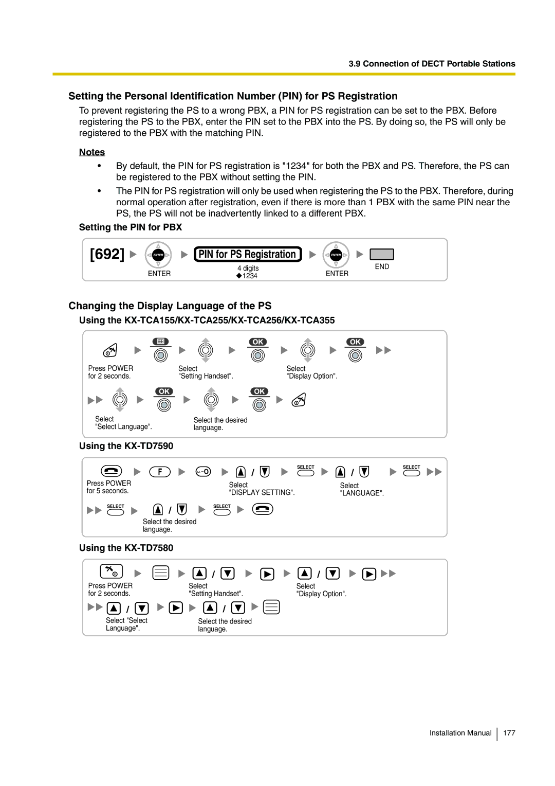 Panasonic KX-TDE100 installation manual 692, Changing the Display Language of the PS, Setting the PIN for PBX 