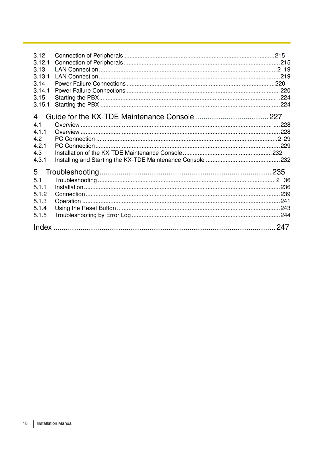 Panasonic KX-TDE100 215, LAN Connection 219, 220, Starting the PBX 224, 228, PC Connection 229, 232, 236 