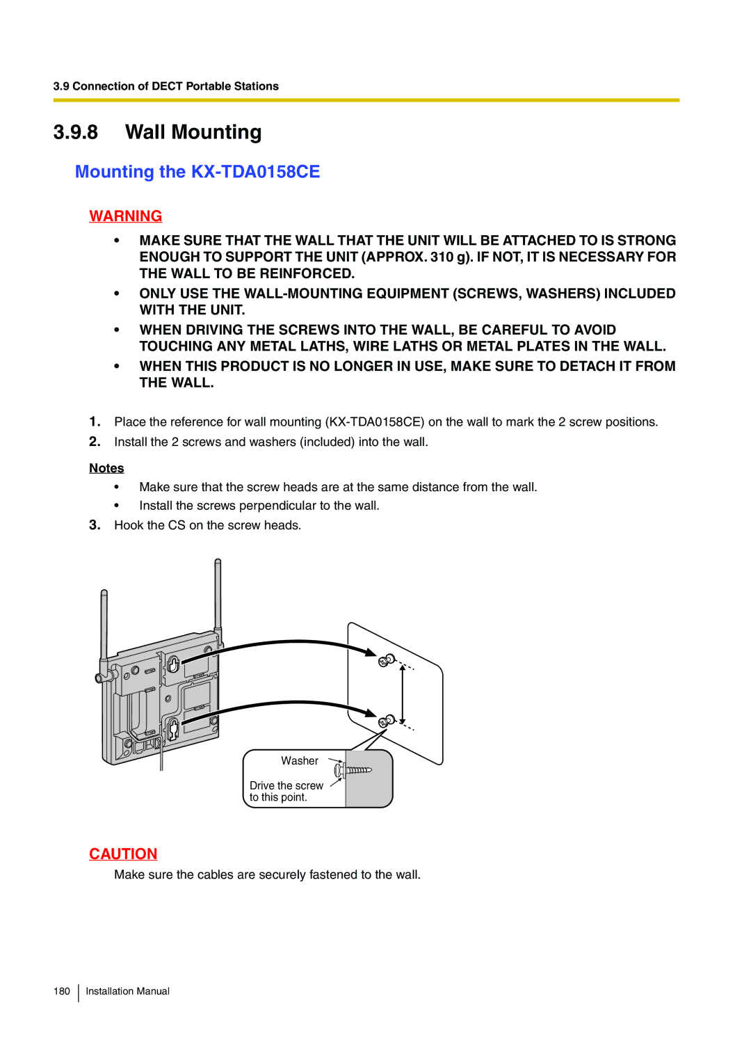 Panasonic KX-TDE100 installation manual Wall Mounting, Mounting the KX-TDA0158CE 