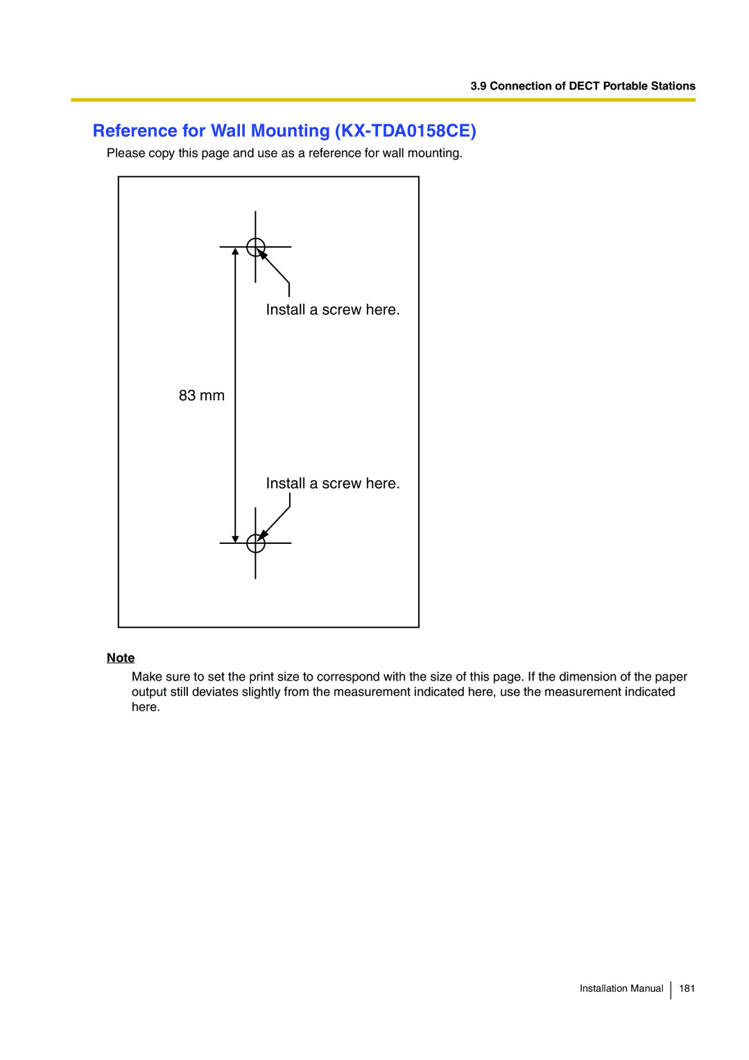 Panasonic KX-TDE100 installation manual Reference for Wall Mounting KX-TDA0158CE, Install a screw here 83 mm 