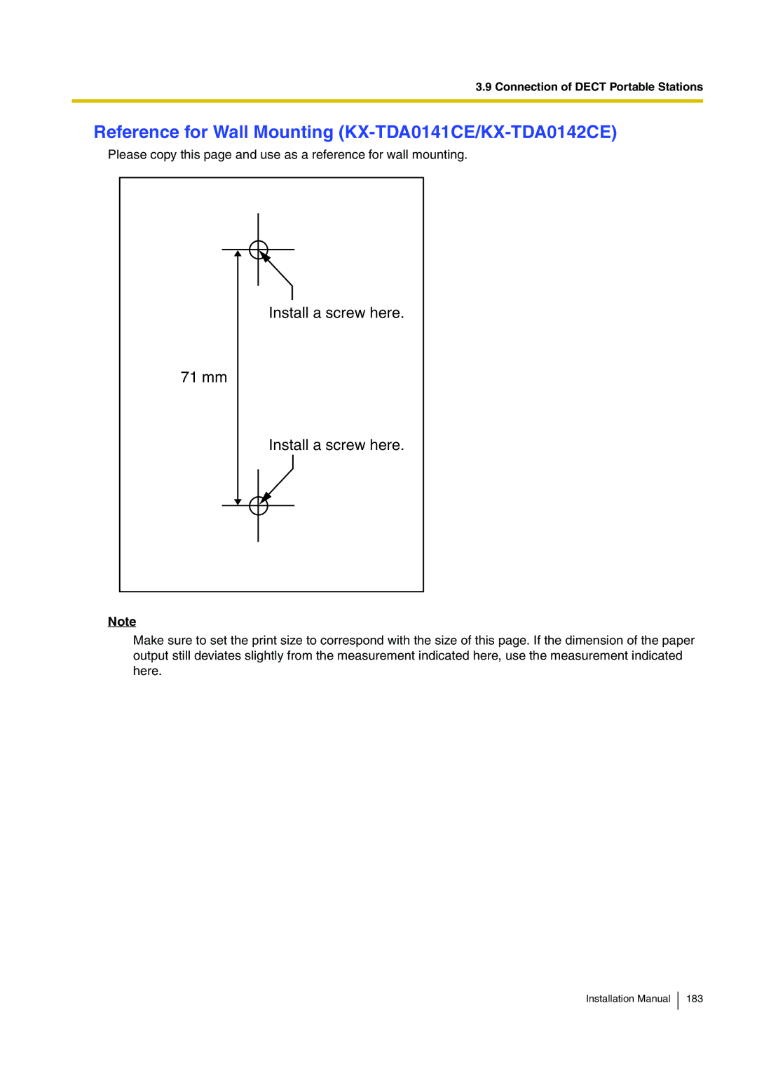 Panasonic KX-TDE100 installation manual Reference for Wall Mounting KX-TDA0141CE/KX-TDA0142CE, Install a screw here 71 mm 