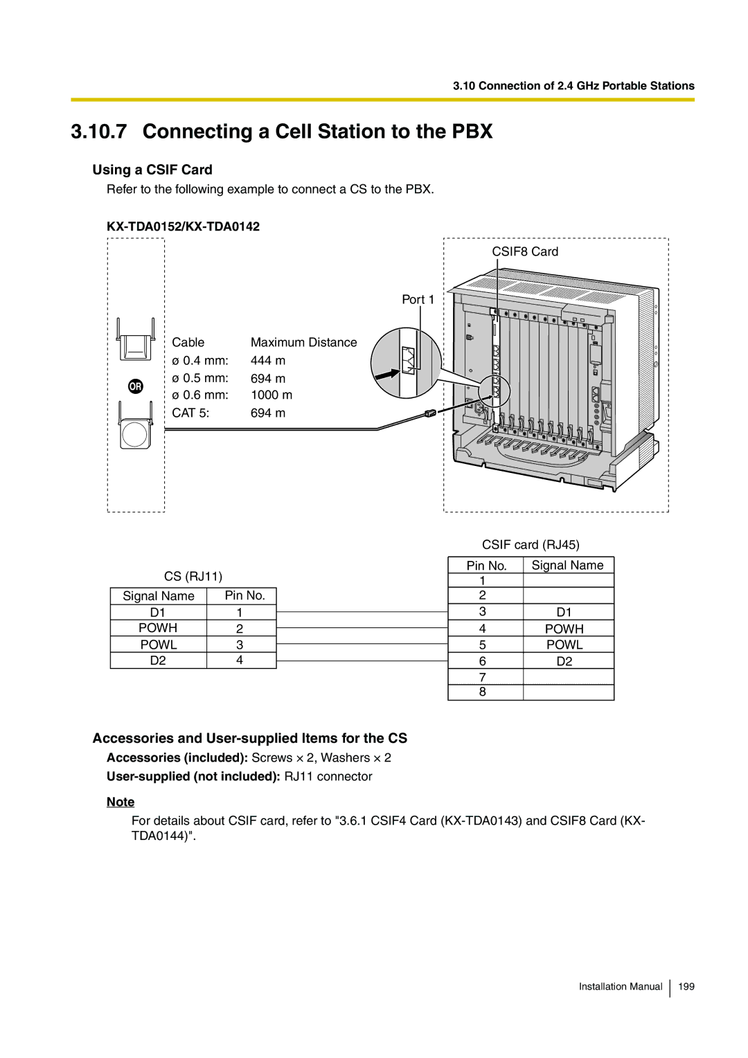 Panasonic KX-TDE100 installation manual Connecting a Cell Station to the PBX, KX-TDA0152/KX-TDA0142 