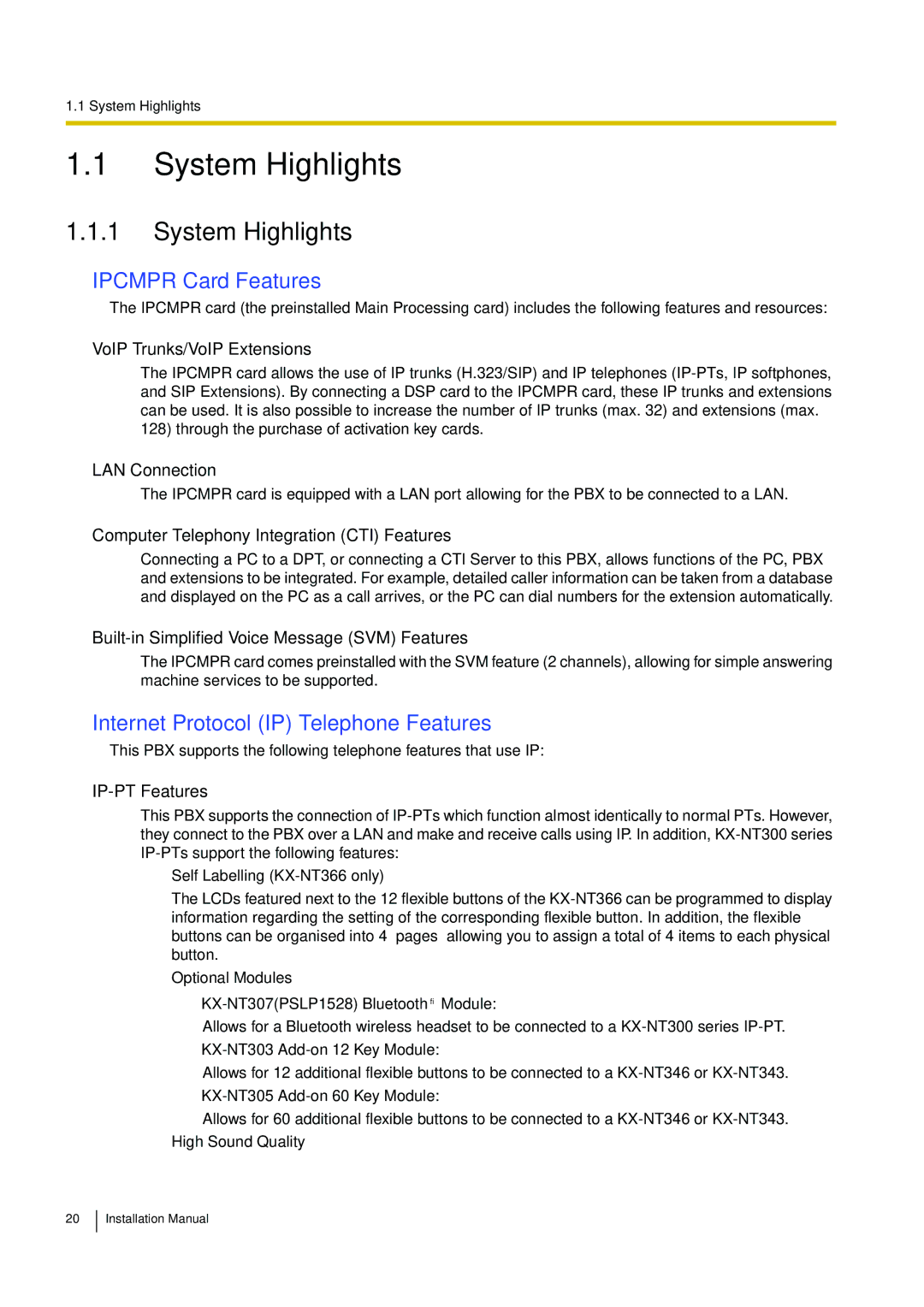 Panasonic KX-TDE100 installation manual System Highlights, Ipcmpr Card Features, Internet Protocol IP Telephone Features 