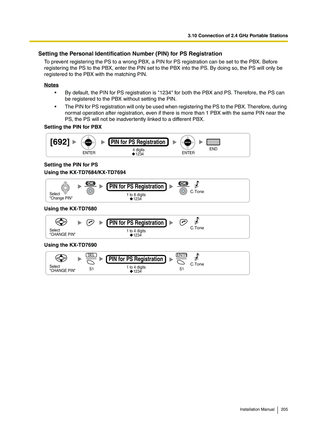 Panasonic KX-TDE100 installation manual Setting the PIN for PBX, Setting the PIN for PS Using the KX-TD7684/KX-TD7694 