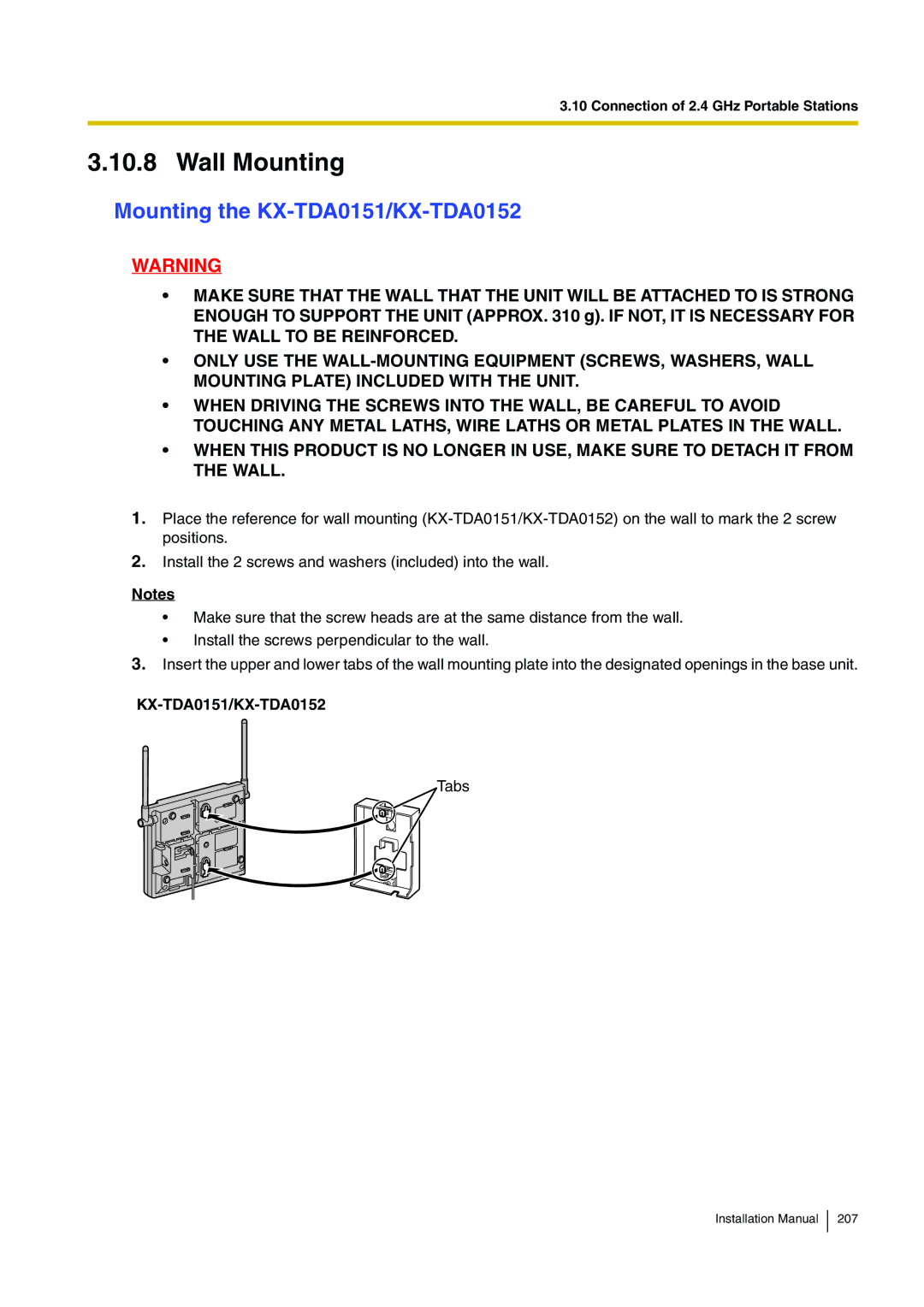 Panasonic KX-TDE100 installation manual Wall Mounting, Mounting the KX-TDA0151/KX-TDA0152 