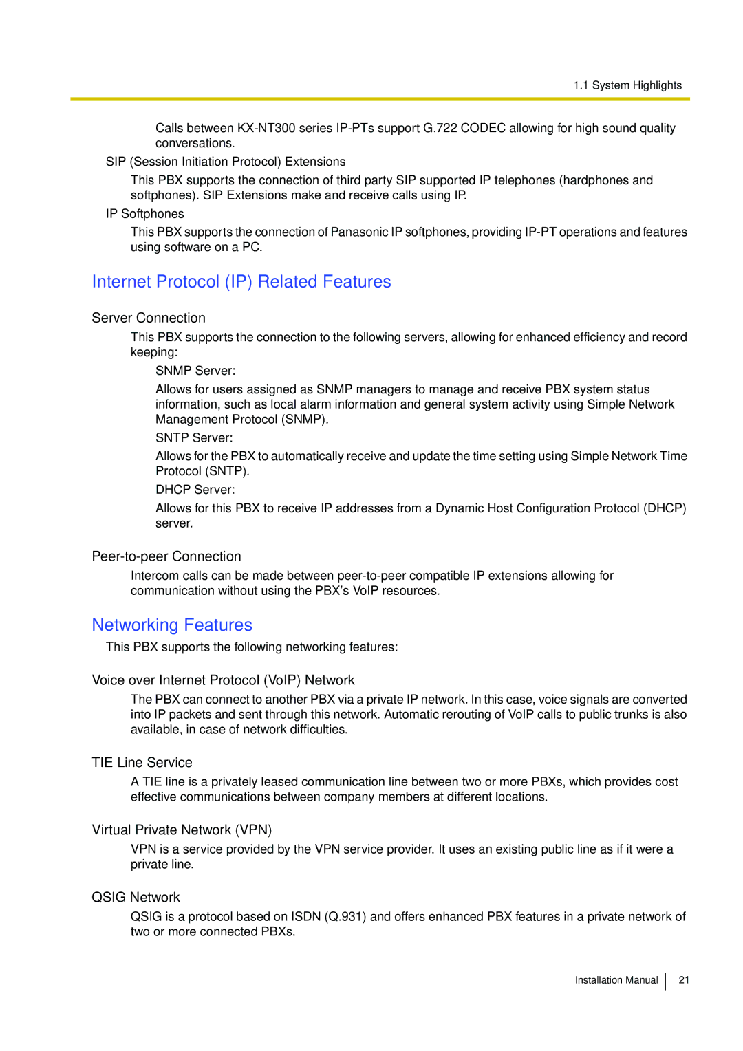 Panasonic KX-TDE100 installation manual Internet Protocol IP Related Features, Networking Features 