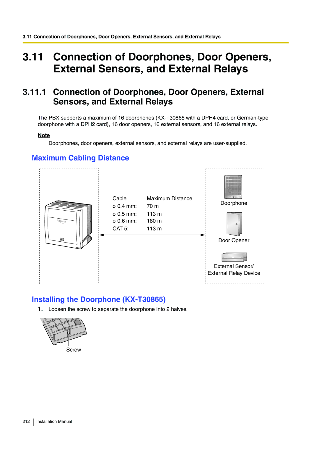 Panasonic KX-TDE100 installation manual Maximum Cabling Distance, Installing the Doorphone KX-T30865 