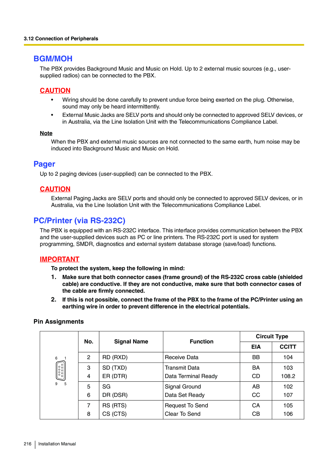 Panasonic KX-TDE100 installation manual Pager, PC/Printer via RS-232C, Signal Name Function Circuit Type 