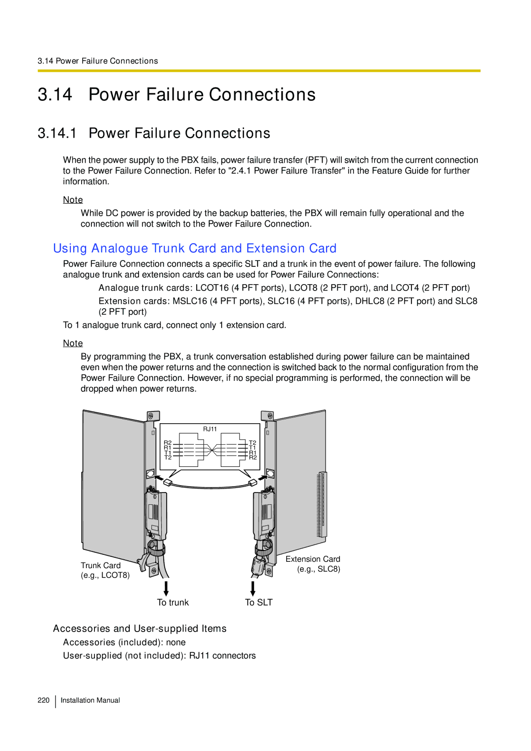 Panasonic KX-TDE100 installation manual Power Failure Connections, Using Analogue Trunk Card and Extension Card 