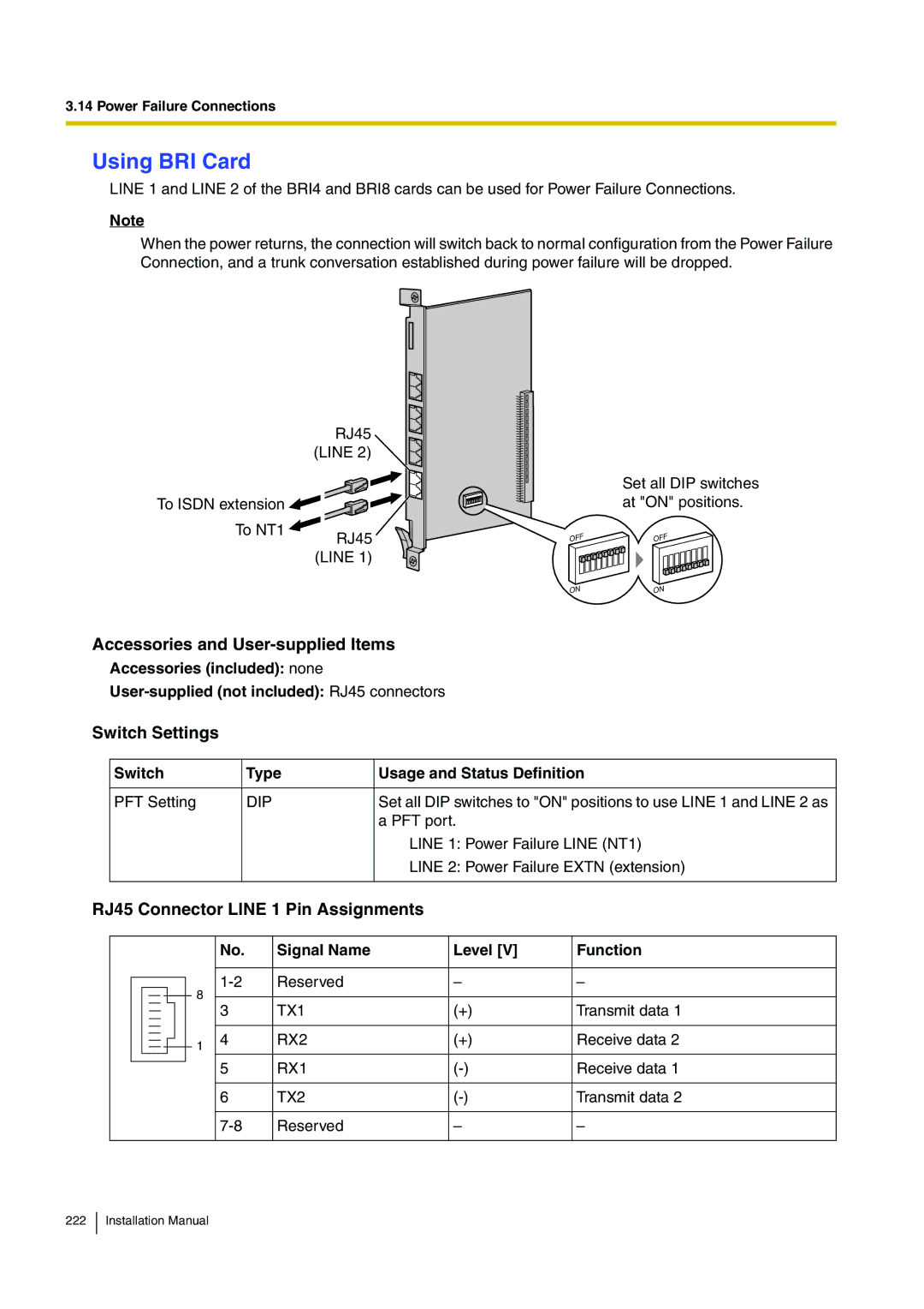 Panasonic KX-TDE100 installation manual Using BRI Card, Switch Settings, RJ45 Connector Line 1 Pin Assignments 