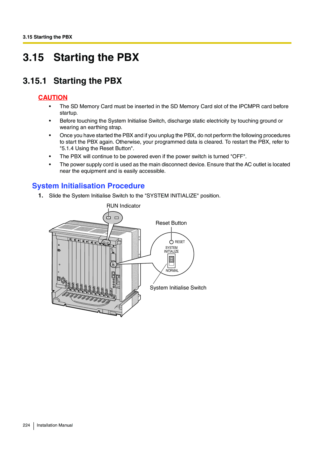 Panasonic KX-TDE100 installation manual Starting the PBX, System Initialisation Procedure 