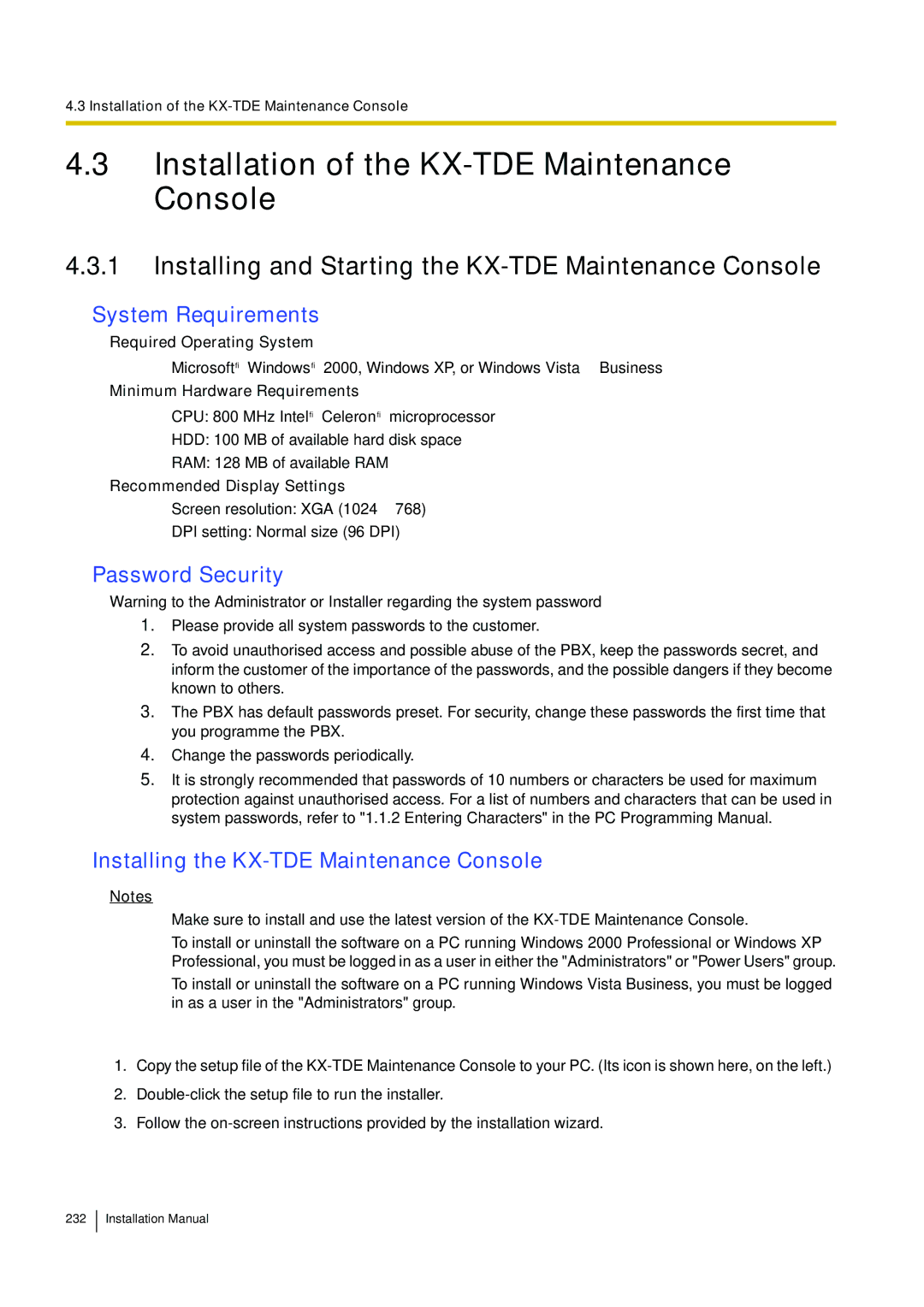 Panasonic KX-TDE100 Installation of the KX-TDE Maintenance Console, Installing and Starting the KX-TDE Maintenance Console 